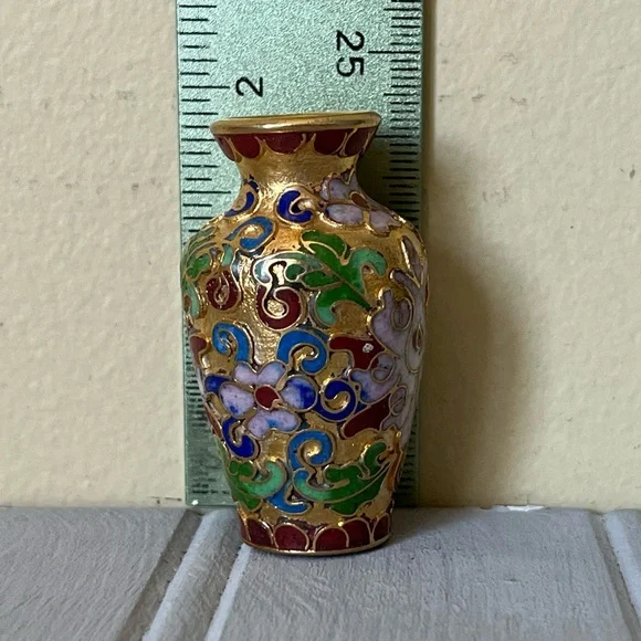 Vintage Miniature Cloisonne Style Gold Tone‎ Background Floral Vases With Bases - Picture 6 of 9